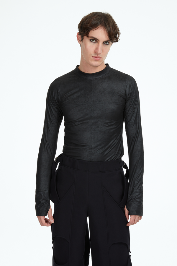 Black unisex long sleeves with thumb holes top made from stretchy vegan leather