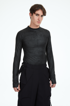 Black unisex long sleeves with thumb holes top made from stretchy vegan leather