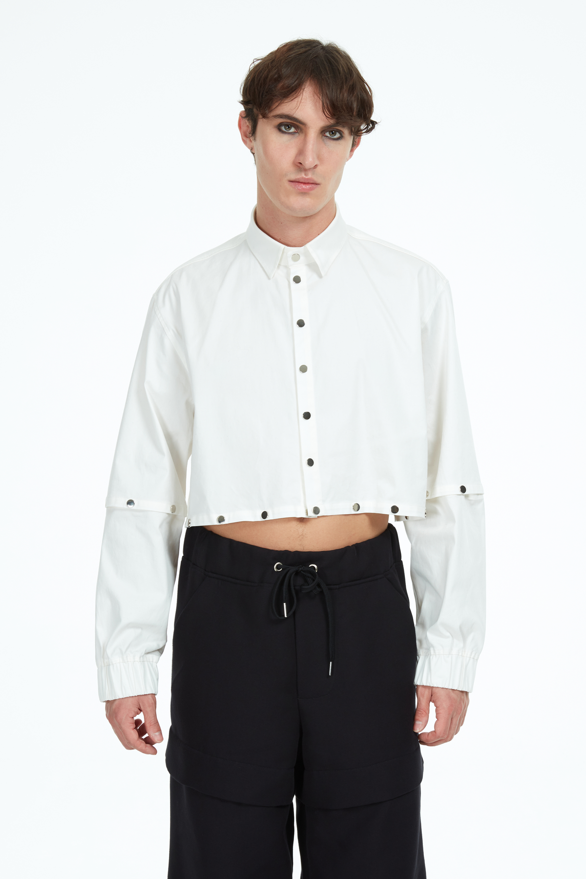 white shirt with silver snaps cropped